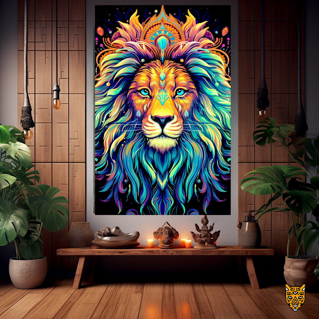Pride and Wisdom : Mythical Jungle King Lion with Blue and Yellow Ornate Artwork