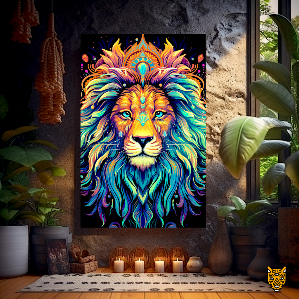 Pride and Wisdom : Mythical Jungle King Lion with Blue and Yellow Ornate Artwork