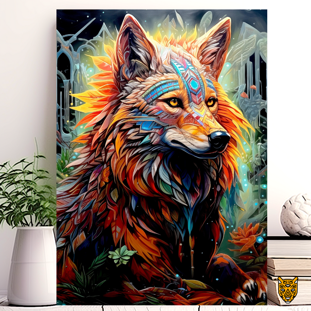 Radiant Presence: Tribal Nature Inspired Wild Orange Blue Enigmatic Fox