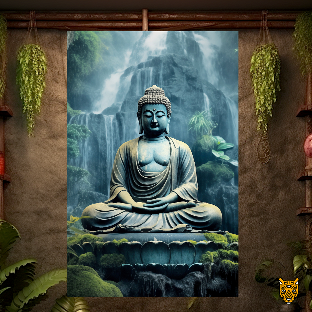 Serene Expression Meditation: Buddha Wearing Monastic Green Robe In Font of Cascading Streams