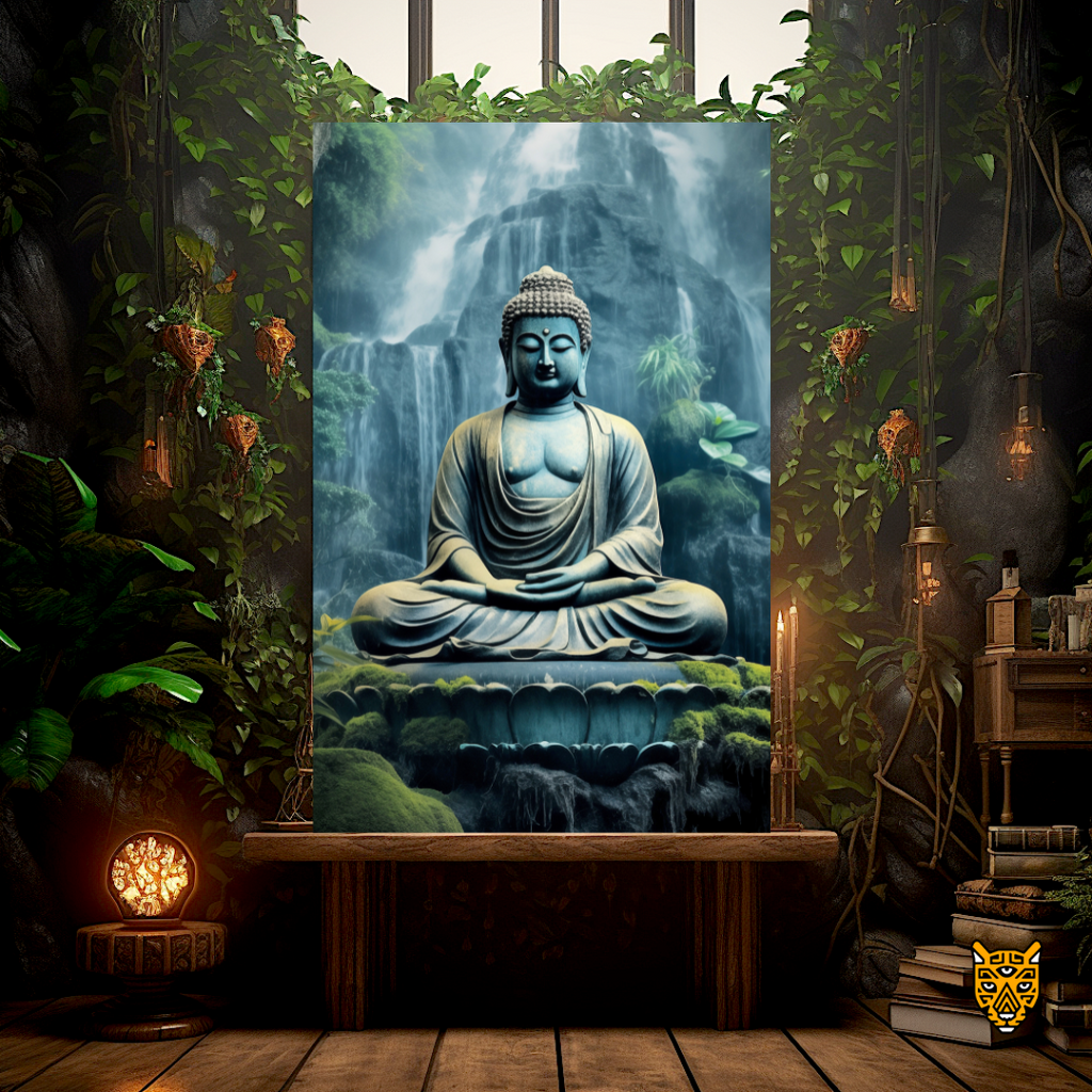 Serene Expression Meditation: Buddha Wearing Monastic Green Robe In Font of Cascading Streams