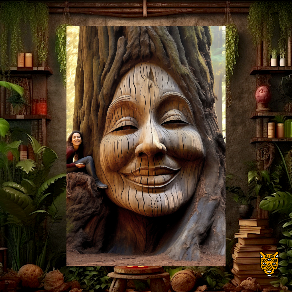 Serene Outdoor Sculpture: Smilie Carved Face on a Big Brown Tall Tree
