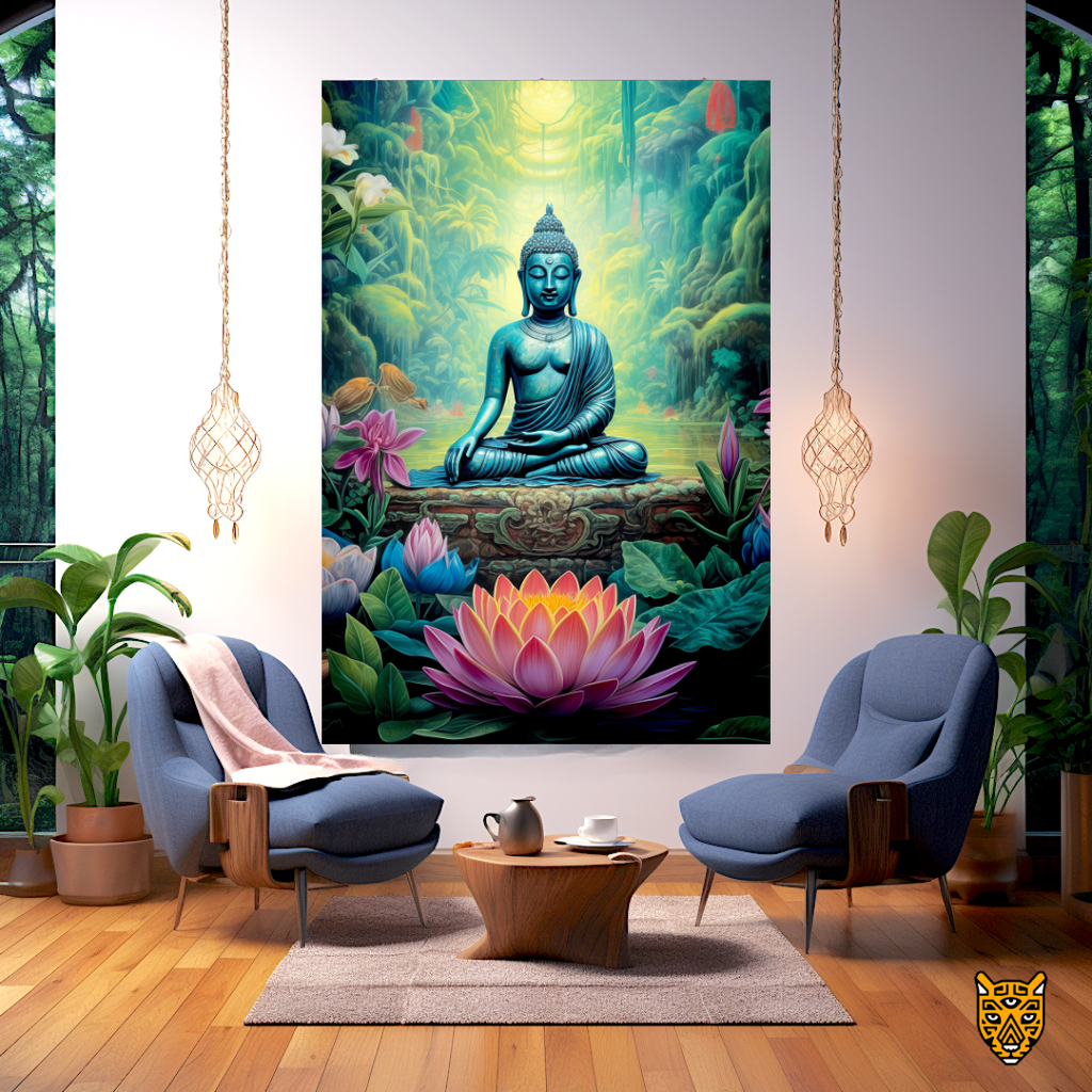 Serenity in Jungle: Buddha  Sitting on Stone Platform Meditating in Front of Big Pink Lotus Flower