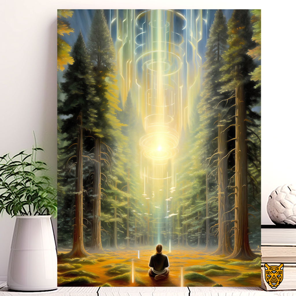 Spectacular Vision of Sky: Person Sitting at Center Mesmerized by Celestial Like Yellow Portal Under Sequoia Tree