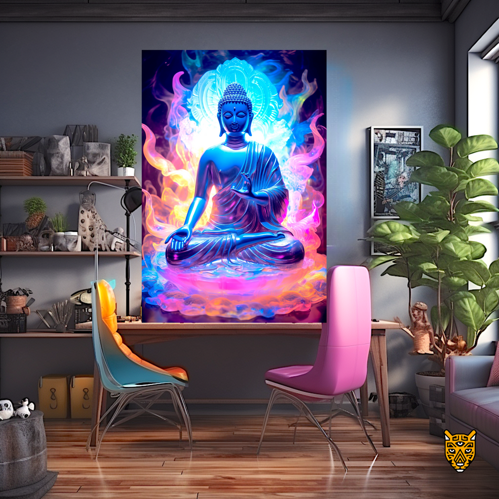 Spiritual Meditating Buddha with Blue Pink and Orange Aura Reflecting