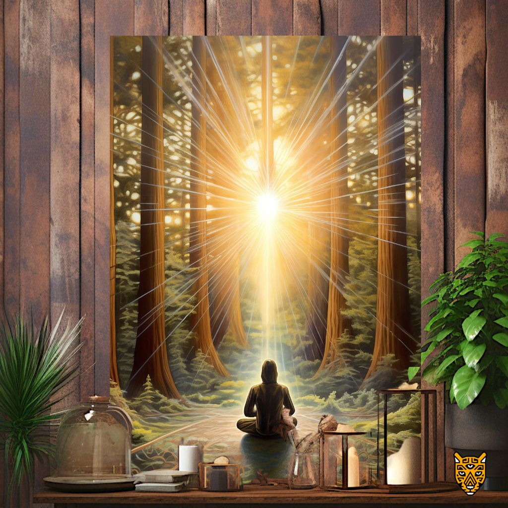 Spiritual Tranquil Scene: Peaceful Vibe Sun Casting a Warm Yellow Glowing Light on Sequoia  Tree