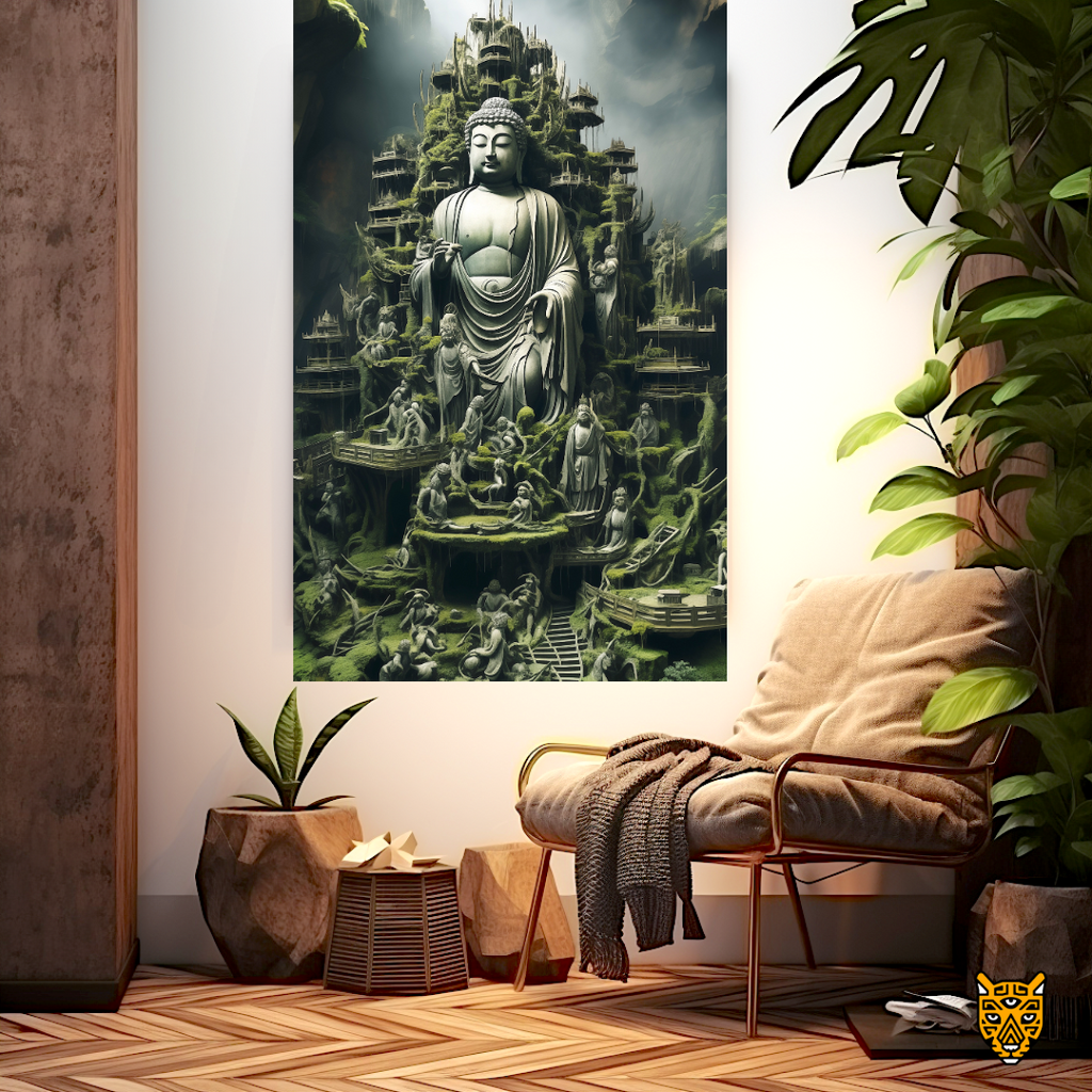 Timeless Beauty: Dhyana Mudra Mystical Buddha Stone Statue with Human Made Green Architectural Temple