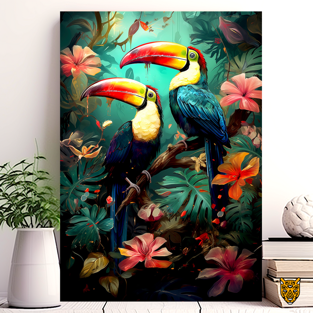 Blue and Green Toucans Amidst Rich Tropical Flora