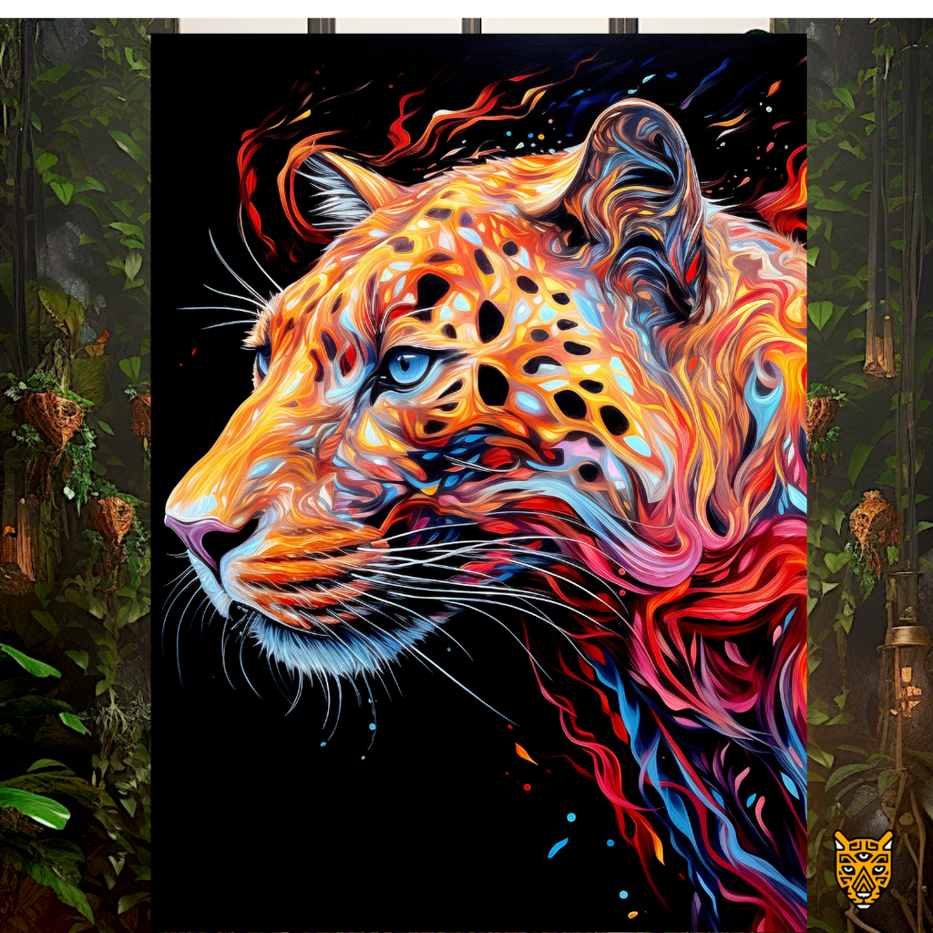 Vibrant Fiery Beauty: Majestic Leopard with Dynamic Orange Red Swirling Design