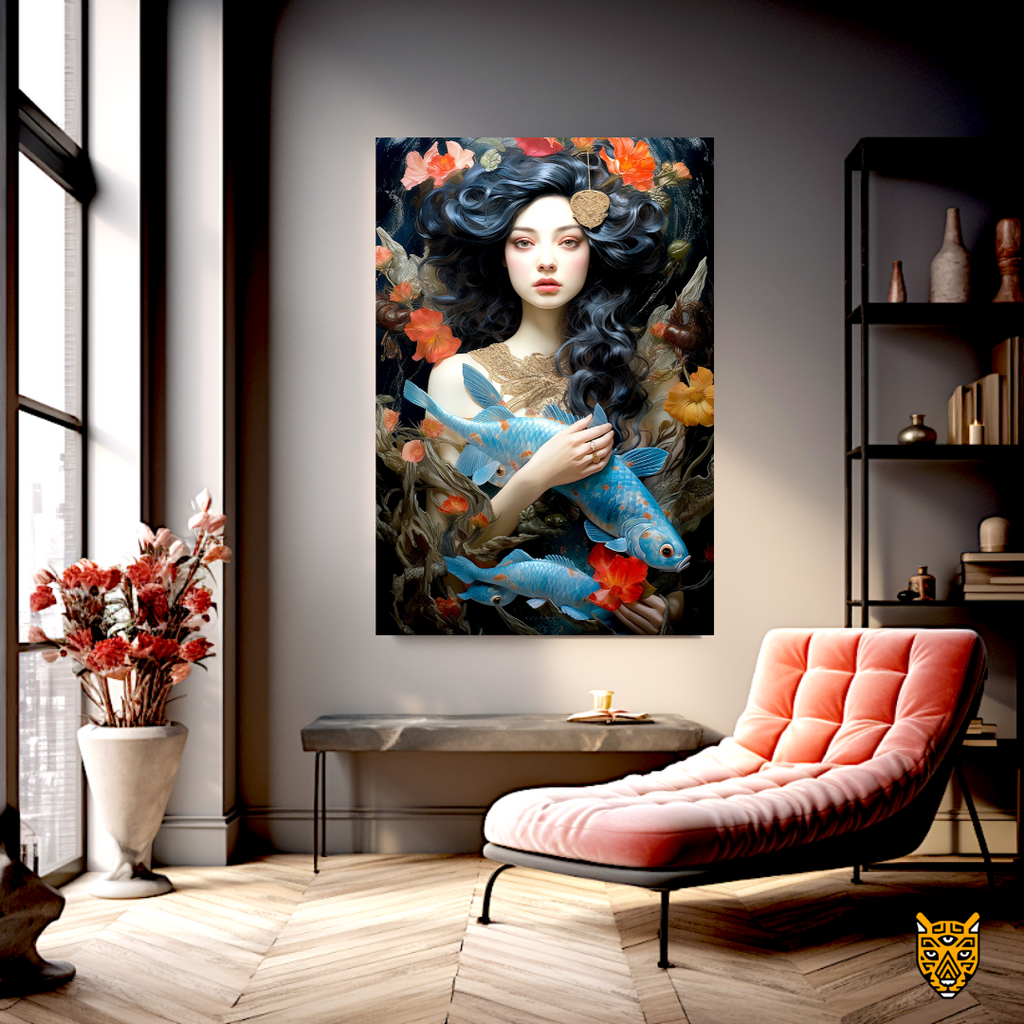 Vintage Tranquil Expression: Surreal Enigmatic Woman Carrying Blue Large Koi Fish