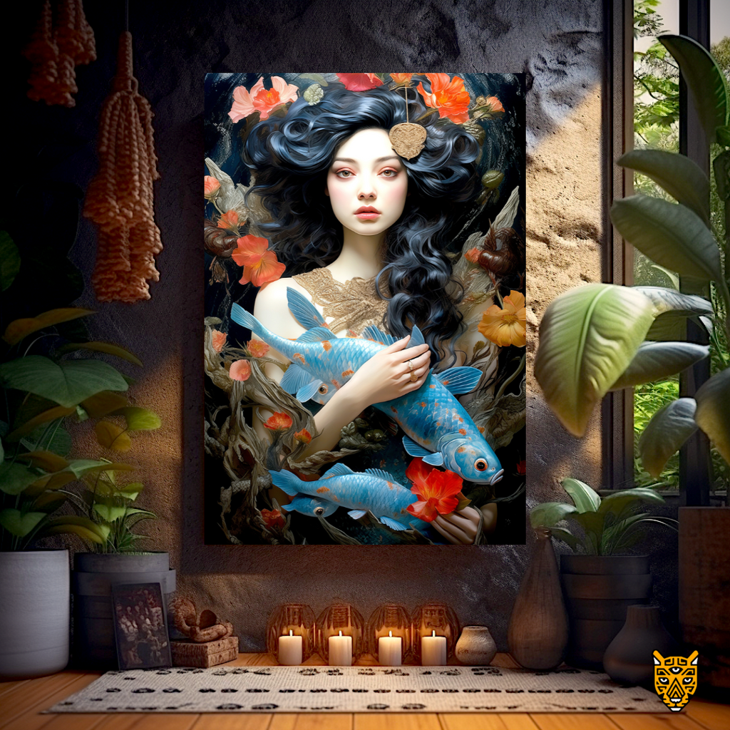 Vintage Tranquil Expression: Surreal Enigmatic Woman Carrying Blue Large Koi Fish