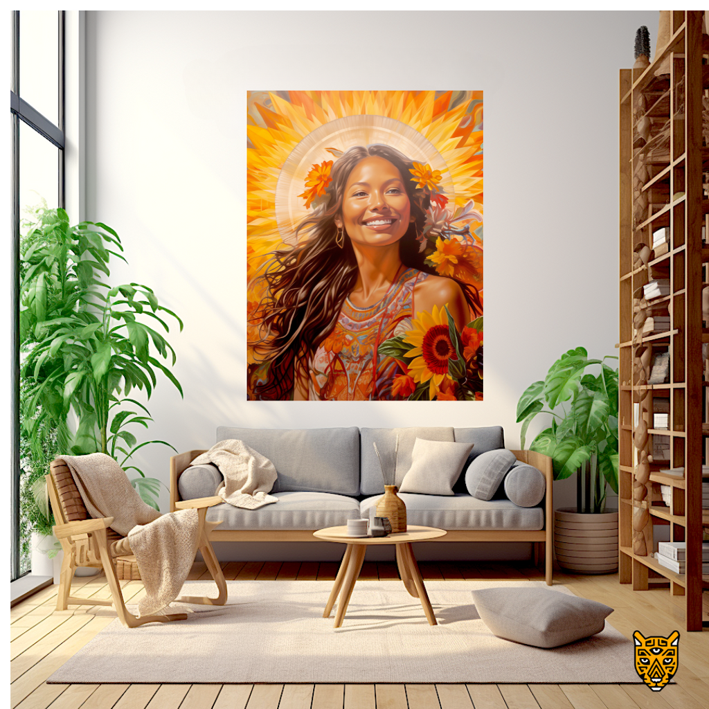 Warm Beaming Smile: Uplifting Woman Surrounded by Luminous Warm Orange Flowers