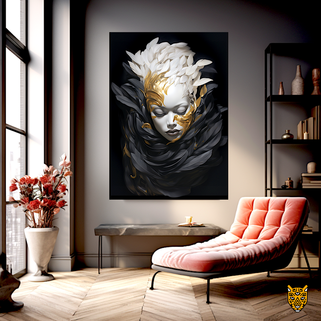 Woman in Black and White Feather with Golden Elegant Mask