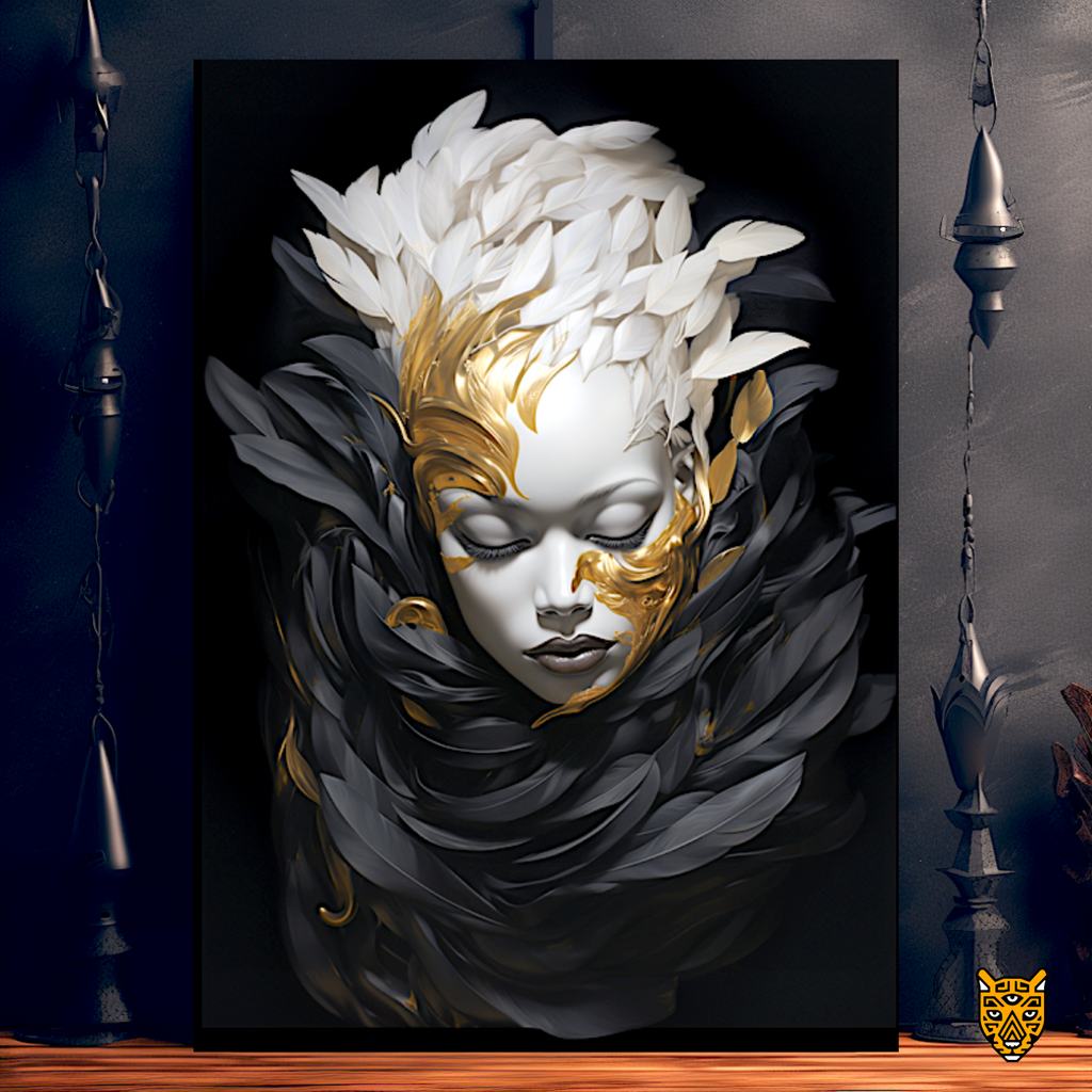 Woman in Black and White Feather with Golden Elegant Mask
