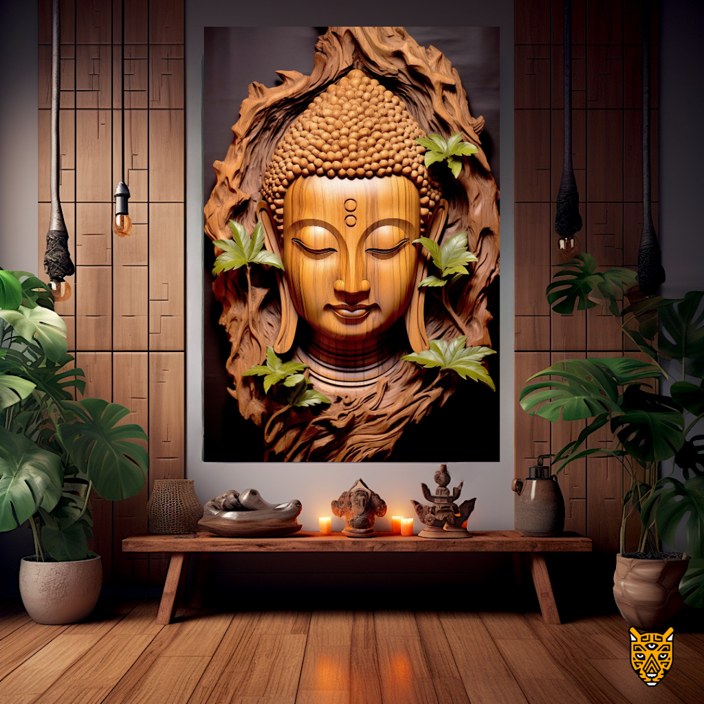 Wood Carving Art: Meditative Brown Buddha's Smiling Face Sculpture