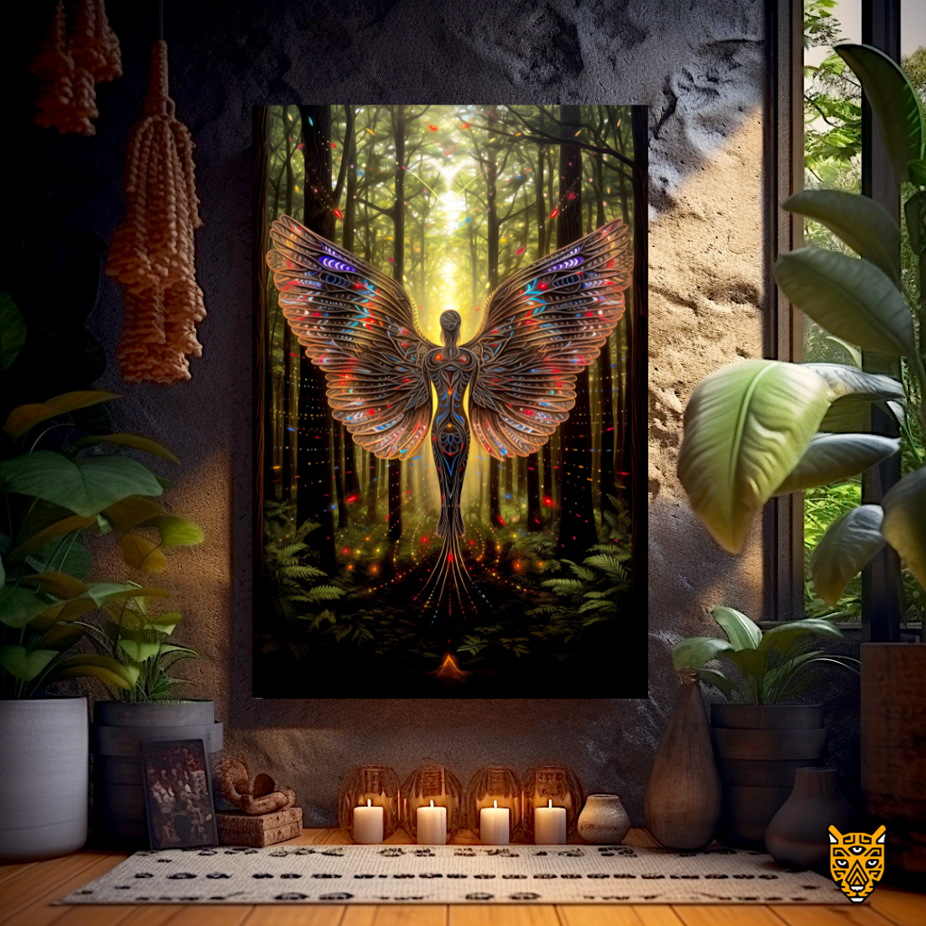 Awe-Inspiring Forest Deity: Ethereal Fairy in Forest with Blue Orange Glowing Wing Patterns