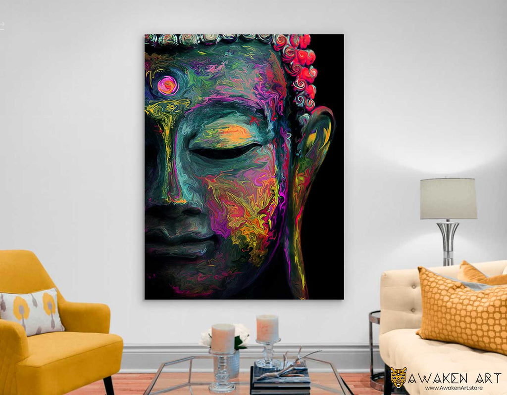 Buddha Face Canvas Print Large Spiritual  Meditation Wall Art Buddha Wall Hanging Home Decor | ''Inner Flame - The mind is'' by Naked Monkey