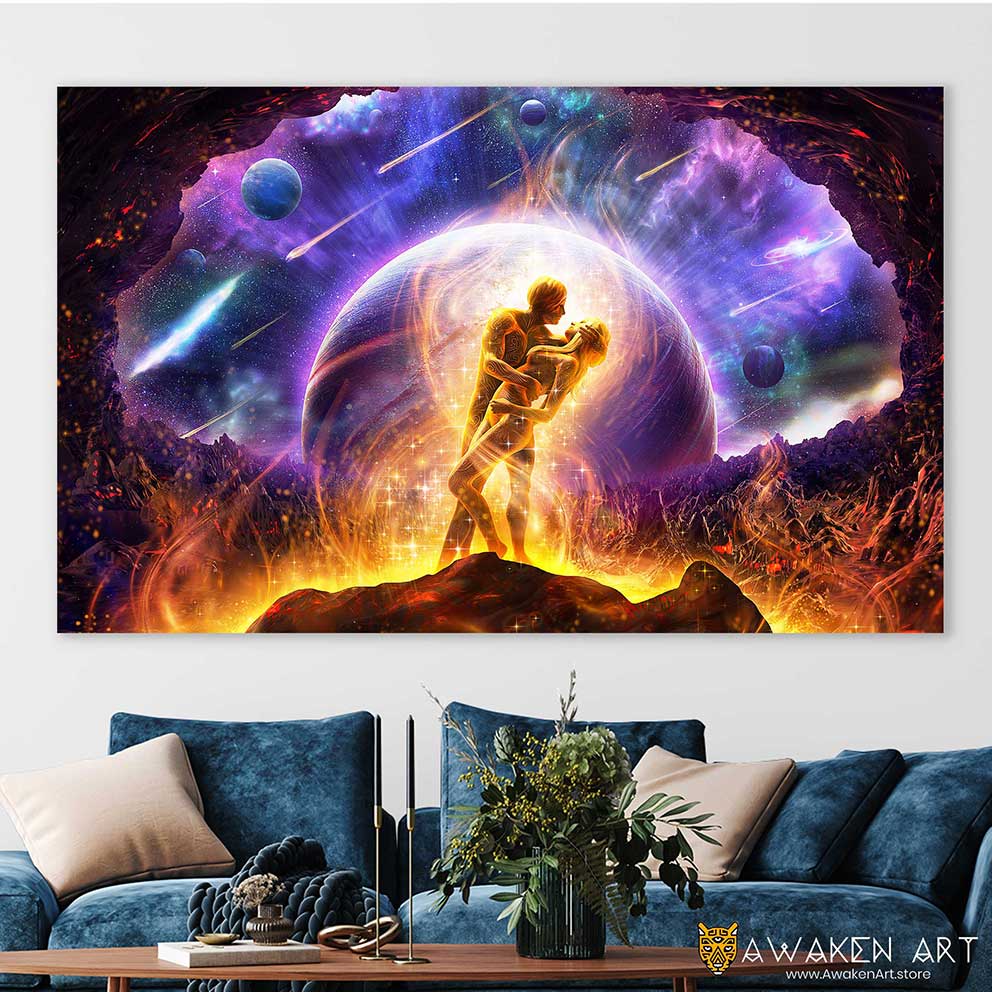 Burningman Twin Flames Canvas Wall Art Visionary Art Wall Hanging Spiritual Canvas Art Awakening | ''Twin Flames'' by Louis Dyer