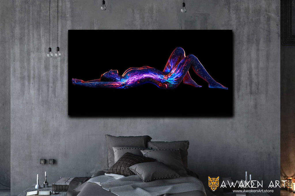 Cool Canvas Wall Art UV Body Painting Inspirational Large Canvas Wall Art Hanging Home Decor Wall Art | “Kaylee's Stardust Nebula” by John Poppleton