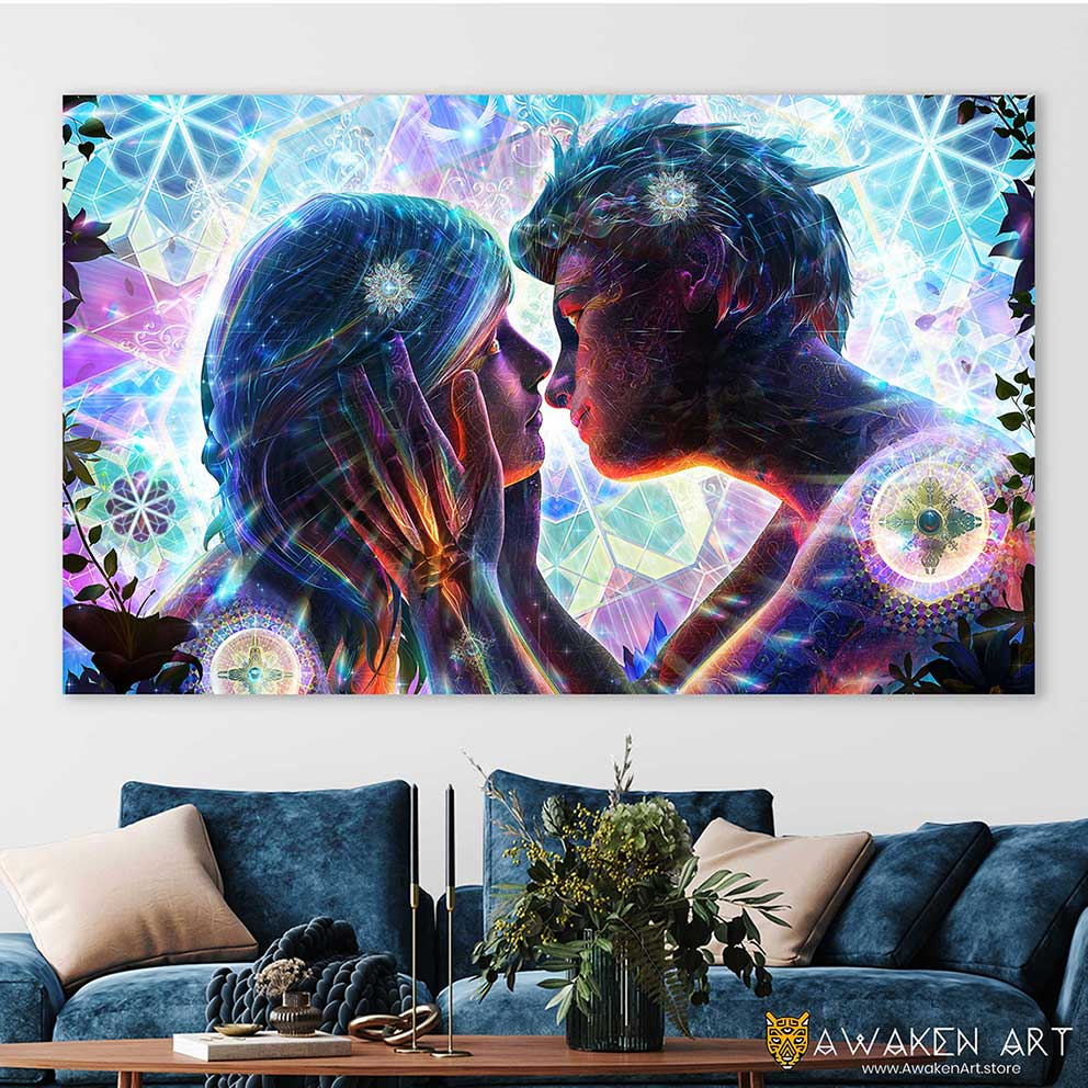 Couples Psychedelic Canvas Wall Art Burning Man Visionary Art Print Wall Hanging Home Living Room Decor | ''I Love You'' by Louis Dyer