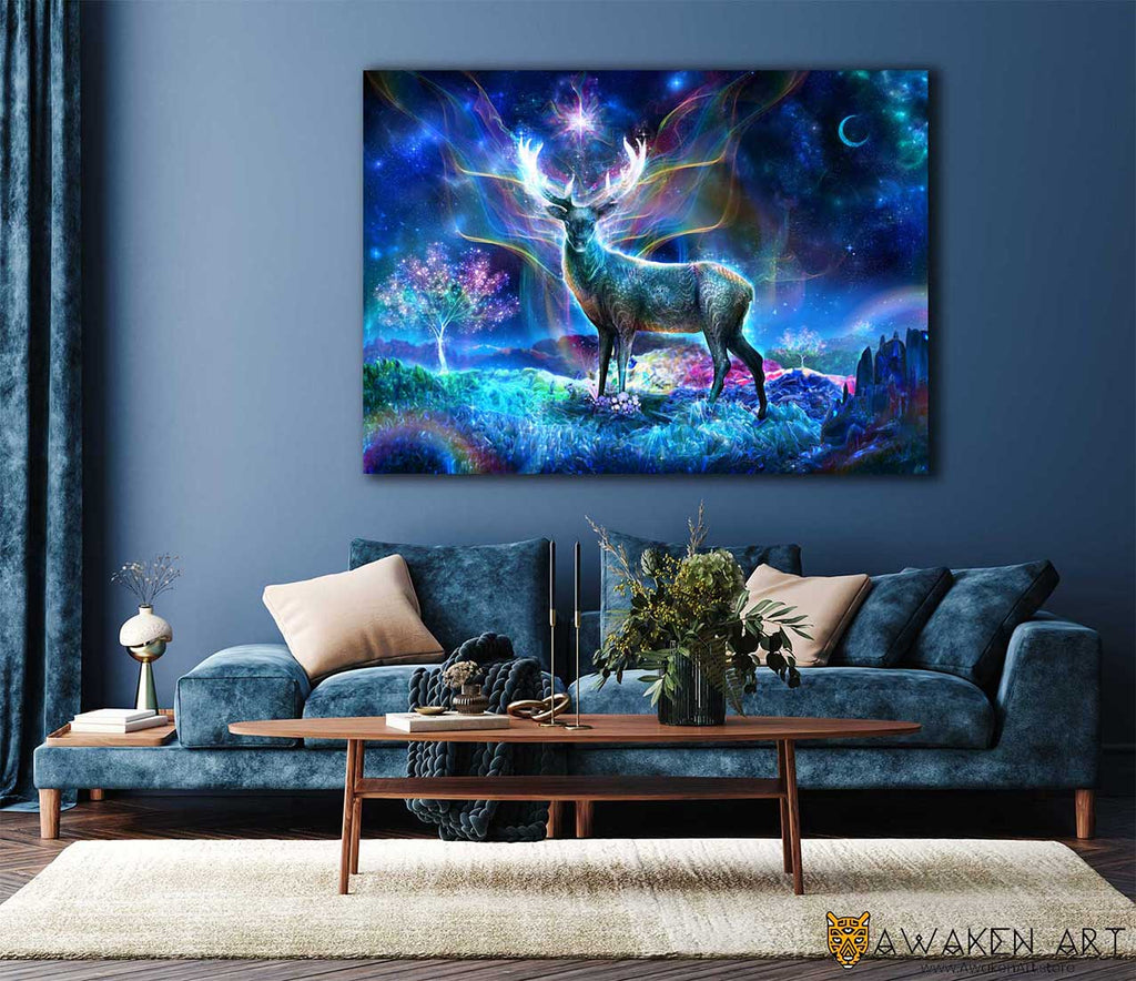 Deer Wall Art Psychedelic Visionary Trippy Painting Canvas Wall Art Home Decor Wall Hanging | ''The Guiding Light'' by Louis Dyer