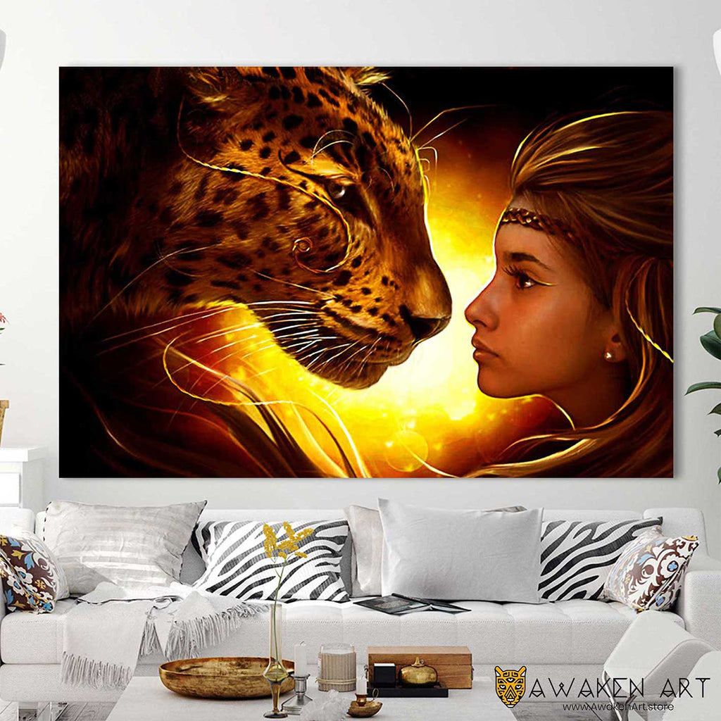 Face To Face Spiritual Canvas Art Fantasy Animal Leopard Wall Decor Wall Hangings Wall Art Print | ''Face To Face'' by Elena Dudina