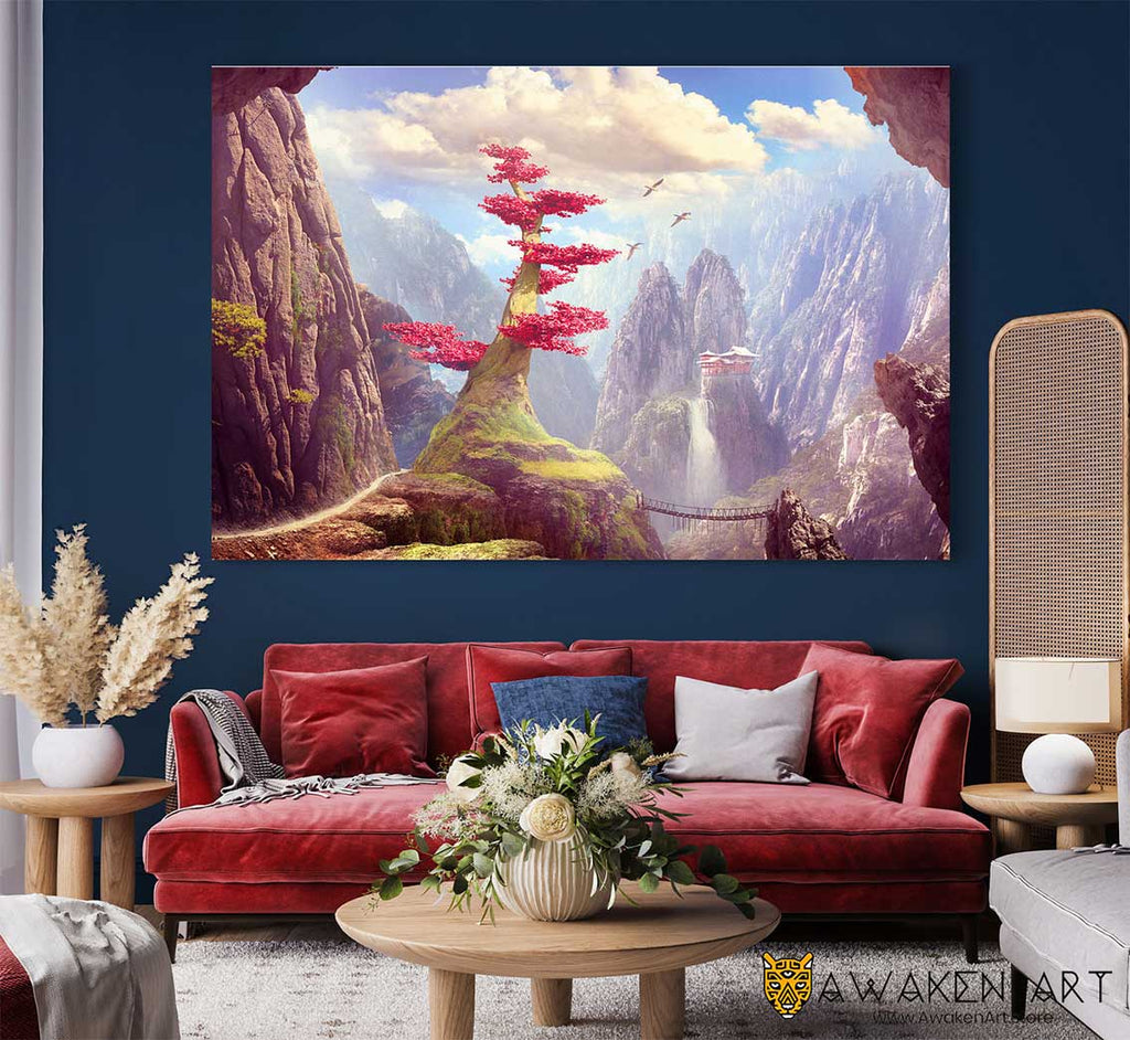 Mountain Tree Canvas Wall Art Waterfall Cherry Blossom Fantasy Large Canvas Wall Art Prints Home Decor | ''Mountain Tree'' by Elena Dudina
