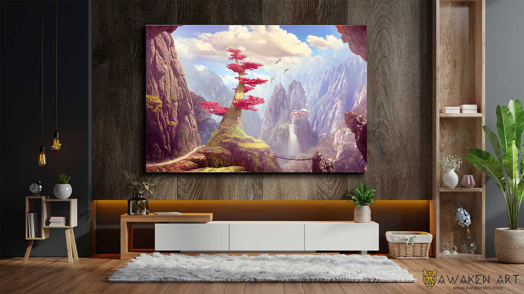 Mountain Tree Canvas Wall Art Waterfall Cherry Blossom Fantasy Large Canvas Wall Art Prints Home Decor | ''Mountain Tree'' by Elena Dudina