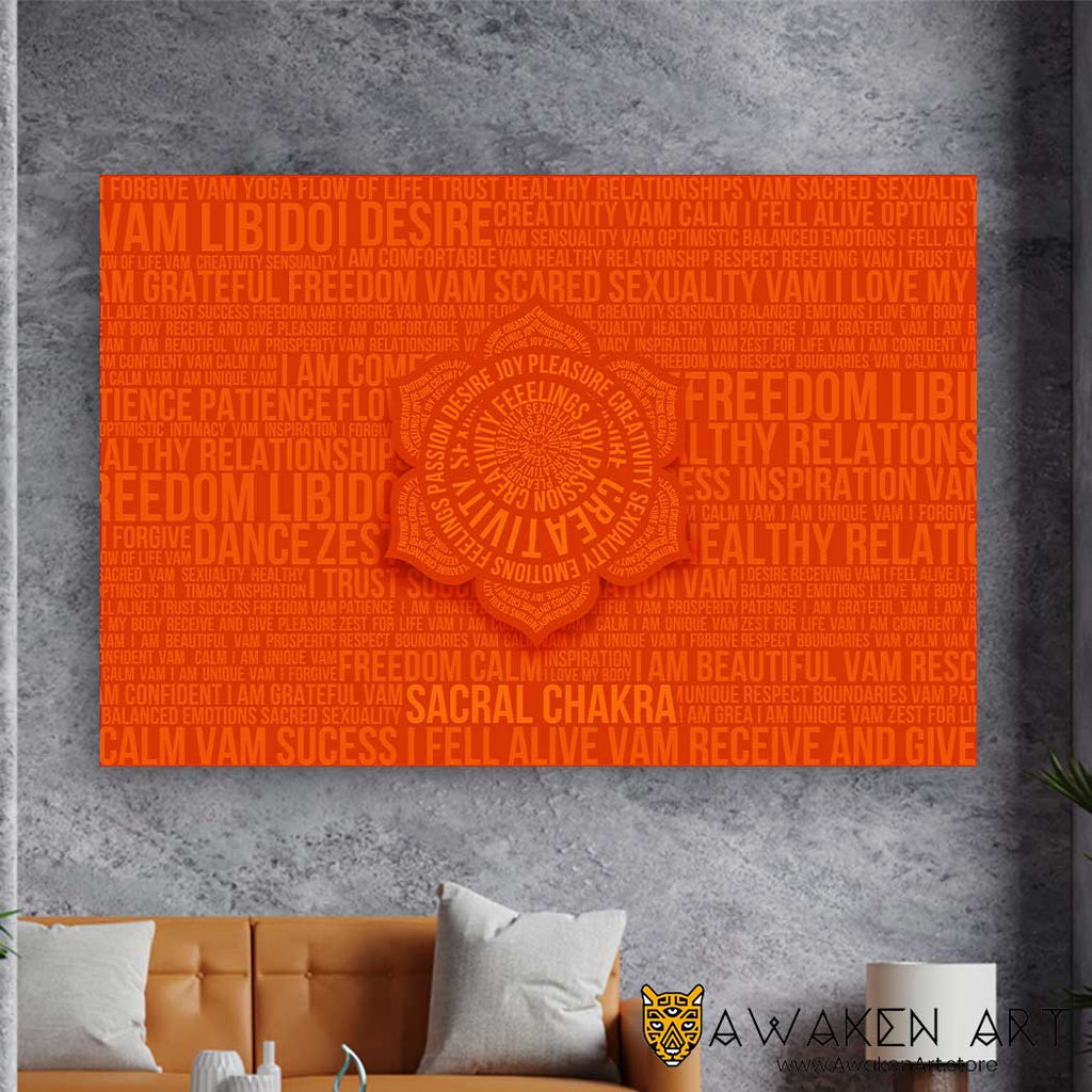 Seven Chakra Sacral Chakra Affirmation Orange Large Wall Art Inspirational Canvas Wall Art Wall Hanging | ''Sacral Chakra'' by  Clarise Urszula