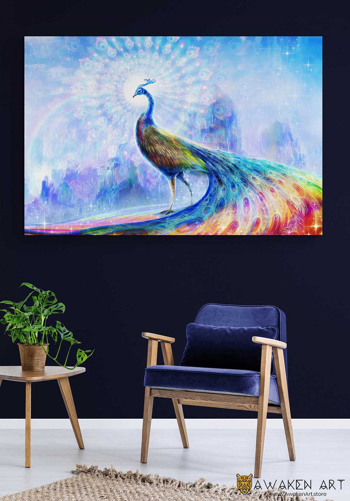 Visionary Art Spiritual Canvas Wall Art Rainbow Peacock Wall Hanging Home Decor Prints | ''Rainbow Peacock'' by Louis Dyer